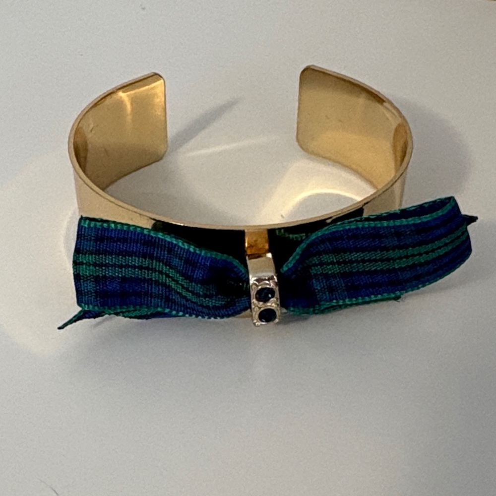 Plaid and Gemstone  Bow Gold Cuff Bracelet